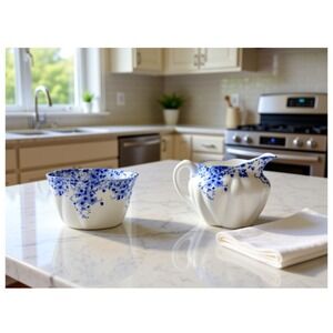 Shelley Dainty Blue Floral Creamer Sugar Set Fine Bone China England Cottagecore